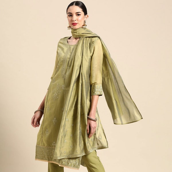 Women Kurta Set - Green Embroidered Kurta With Palazzo & Dupatta, Punjabi Suit, Salwar Kameez, Embroidery Suit, Wedding Wear, Kurti Set