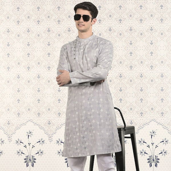 Silver Coloured Geometric Woven Kurta with Churidar, Festival Wear Men, Indian Kurta Pajama, Mens Clothing, Menswear, Mens Wedding Wear