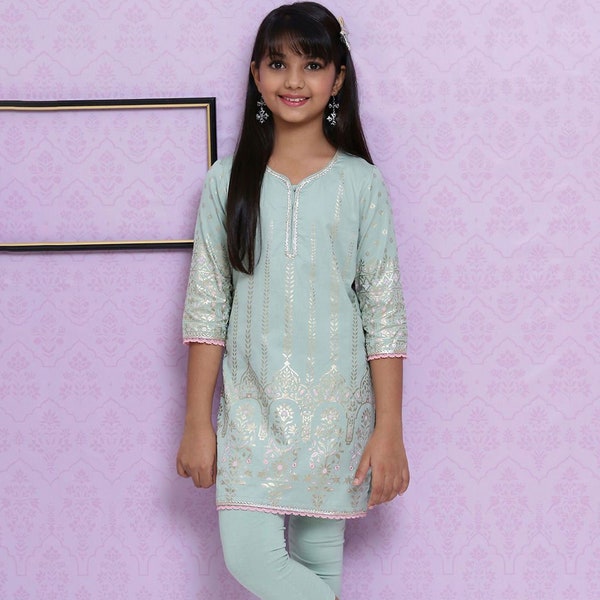 Girls Kurta Set- Mint Green & Golden Printed Kurta with Trousers, Salwar Kameez, Girls Ethnic Wear, Indian Ethnic Wear, Eid Dress