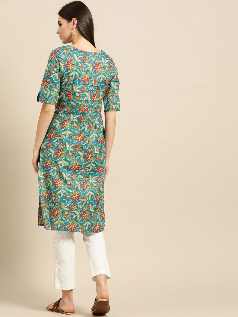 Women Kurtas Teal & Rust Ethnic Motifs Printed Kurta, Bollywood Dress, Ethnic Dress, Womens ...