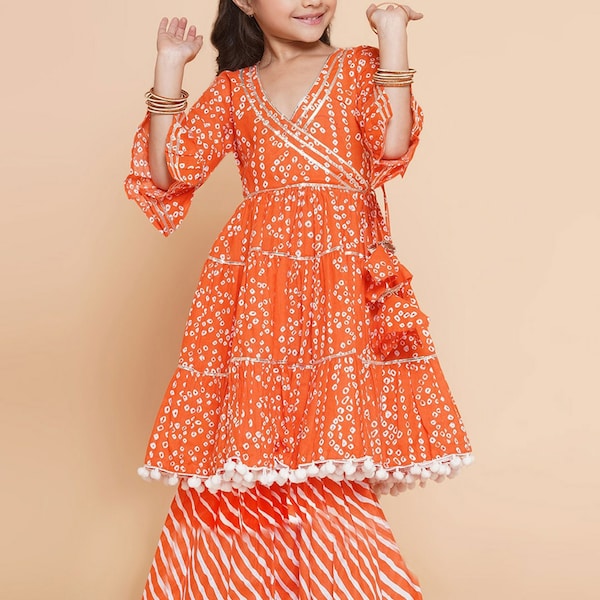 Girls Kurta Set - Orange Printed Bandhani Kurta Sharara Set, Salwar Kameez, Girls Ethnic Wear, Indian Ethnic Wear, Eid Dress