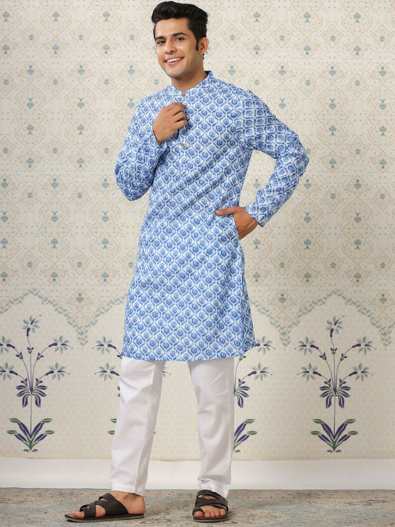 Men Blue & White Self Design Kurta Only main image 0