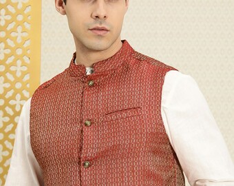 Veste Nehru pour homme - veste marron et dorée, vêtements ethniques, gilet pour homme, veste vintage, veste de costume pour homme, veste Modi, tenue de fête indienne