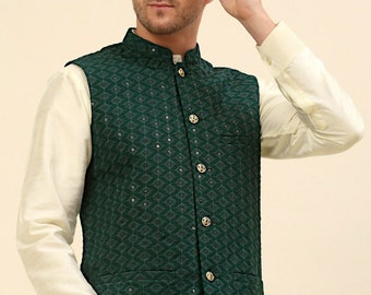 Veste Nehru pour homme - Veste Nehru vert olive, tenues de soirée indiennes, vêtements ethniques, gilet pour homme, veste vintage, veste de costume pour homme, veste Modi