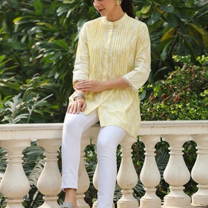 Tunique femme col mao jaune imprimé, chemises femme, tunique ample, tunique oversize, haut en lin, haut tunique, chemisier, t-shirt image 5