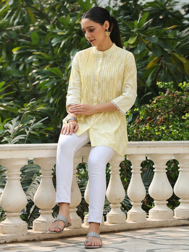 Tunique femme col mao jaune imprimé, chemises femme, tunique ample, tunique oversize, haut en lin, haut tunique, chemisier, t-shirt image 5