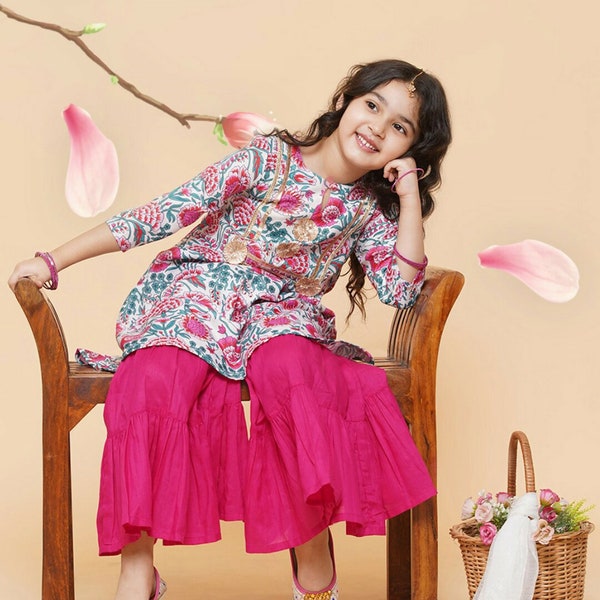 Girls Kurta Set - White & Pink Floral Cotton Pleated Kurta Sharara Set, Salwar Kameez, Girls Ethnic Wear, Indian Ethnic Wear, Eid Dress