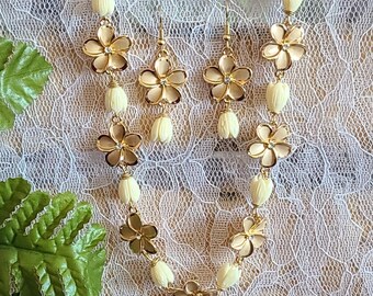 Pikake, Plumeria Necklace & Earring Set, Hamilton Gold, Fashion Jewelry