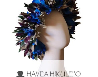 Lei Po'o - Blue Pua, Green & Purple Leaf Ribbon