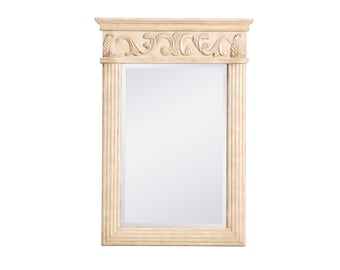 May include: A rectangular mirror with a cream-colored, ornate frame. The frame features vertical lines and decorative carvings at the top. The mirror's design is reminiscent of classical architecture, suitable for a bathroom or bedroom.