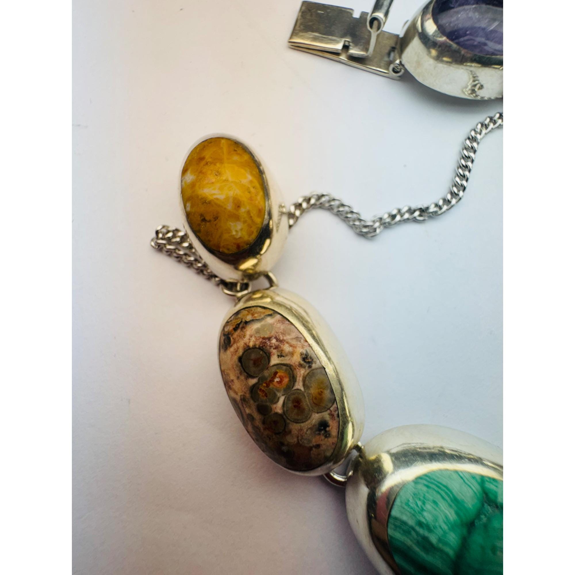 Vintage Taxco Mexico 925 Sterling Silver Multi-gemstone Chunky