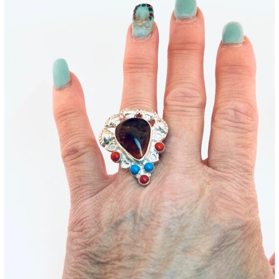 925 Sterling Silver Statement Ring Amber Turquois… - image 5
