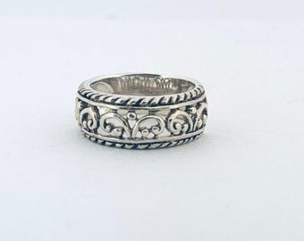 Sterling Silver 925 Filigran Ring med bred band, storlek 8, vintagestil