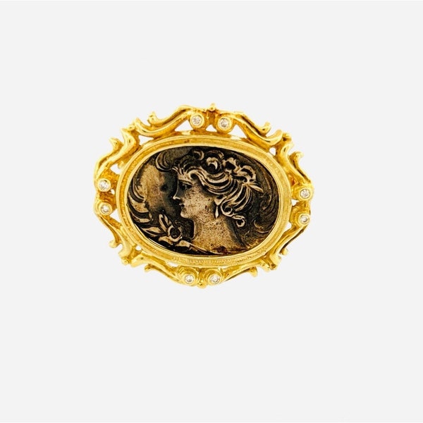 Exquisite Antique 1900's 14k Yellow Gold Lady Cameo Brooch-Pin Pendant Diamonds