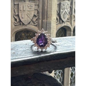 Estate Sterling Silver 925 Pear Amethyst Ring Size 7 Halo CZ Vintage Look