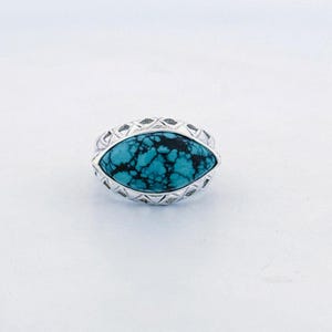 Elegant Sterling Silver 925 Marquise Cut Turquoise Filigree Statement Ring, Sz 7