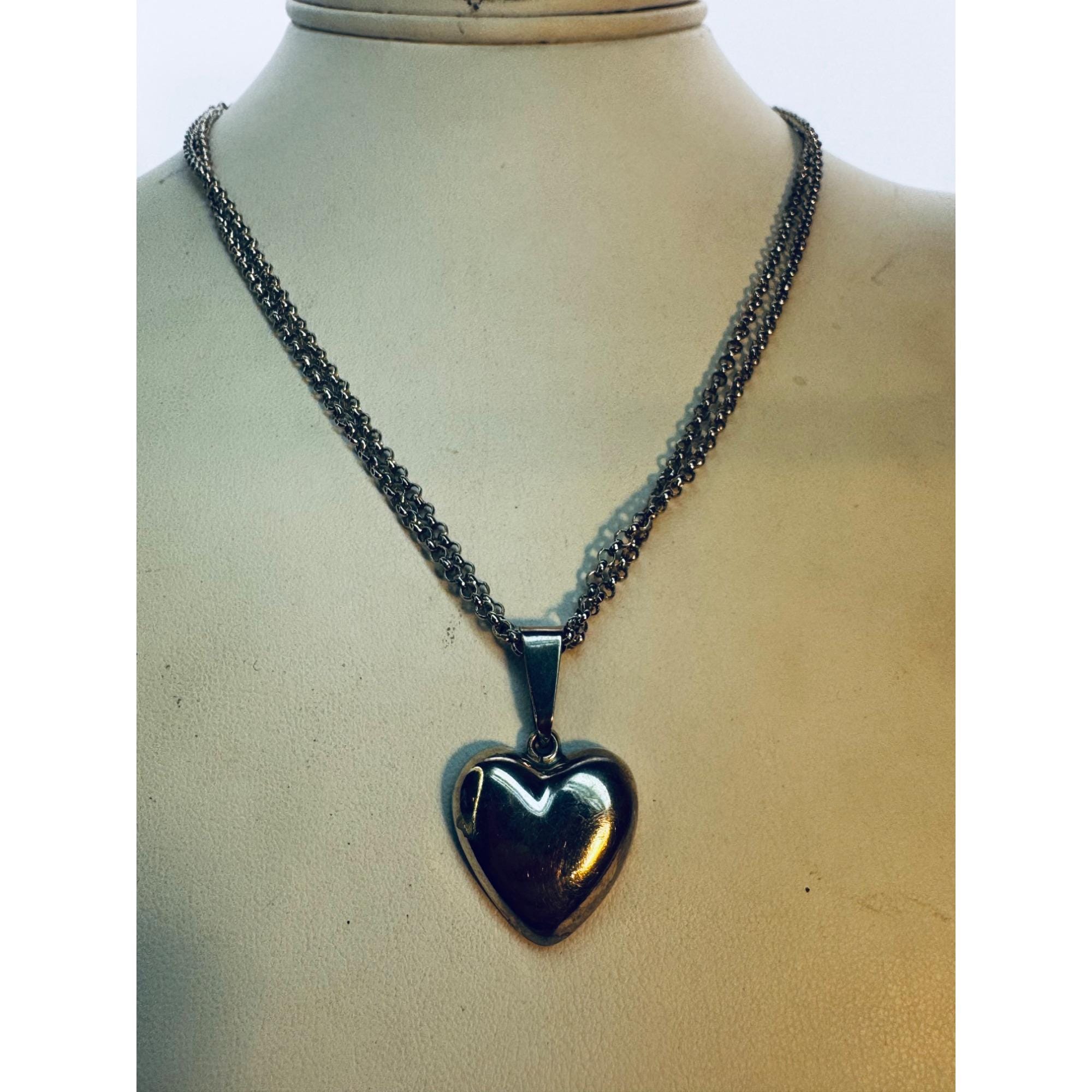 Estate Sterling Silver 925 Double Chain Heart Pendant Necklace 17 
