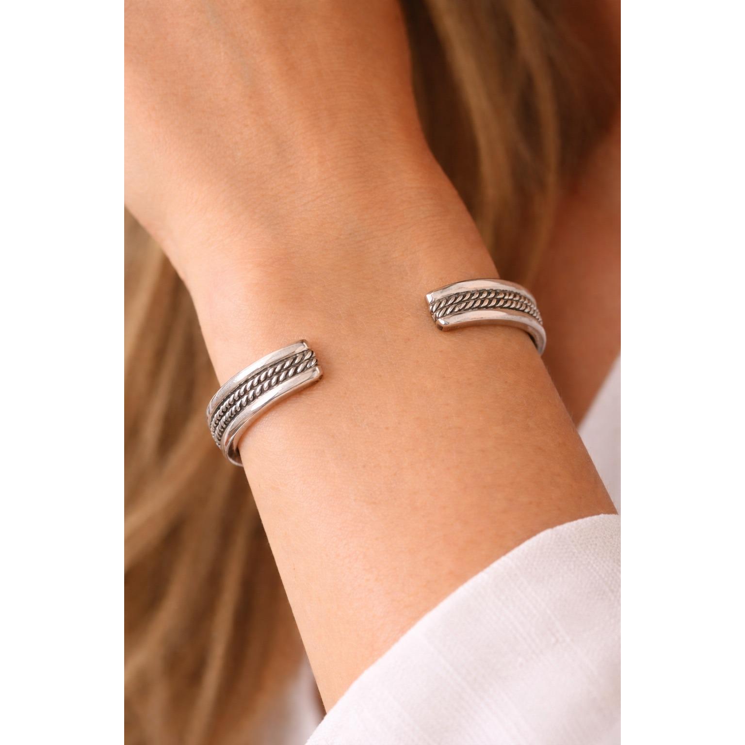 Estate 925 Sterling Silver Rope Cuff Bracelet Mexico Signed Size