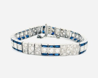 Antique Art Deco Platinum Diamond & Sapphire Bracelet - Vintage Estate 1940s