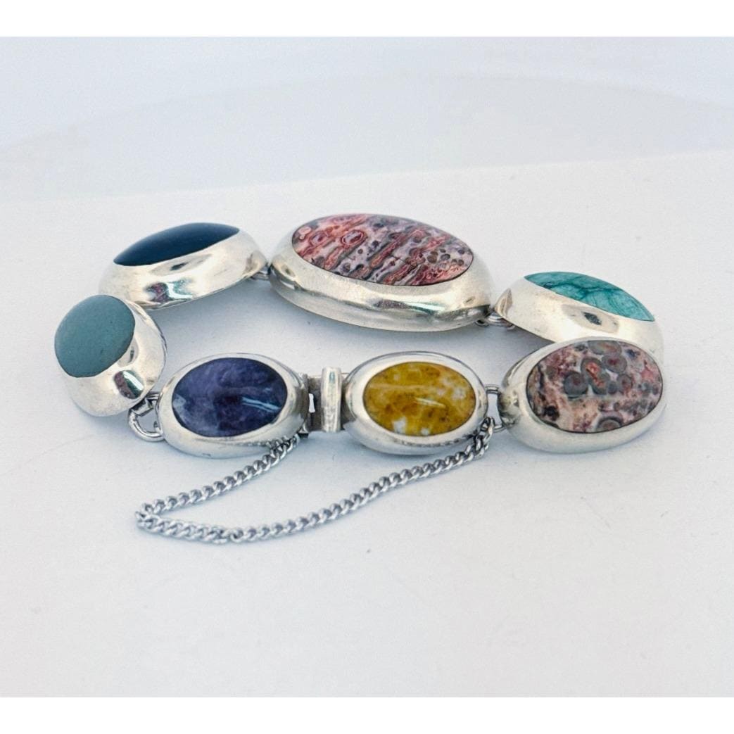Vintage Taxco Mexico 925 Sterling Silver Multi-gemstone Chunky