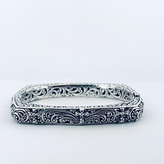 Estate Sarda Sterling Silver 925 Filigree Hinged Square Bangle