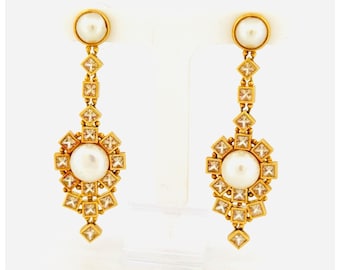 Exquisite Odara 18k Yellow Gold Dangle Drop Earrings with Pearls and Sapphires