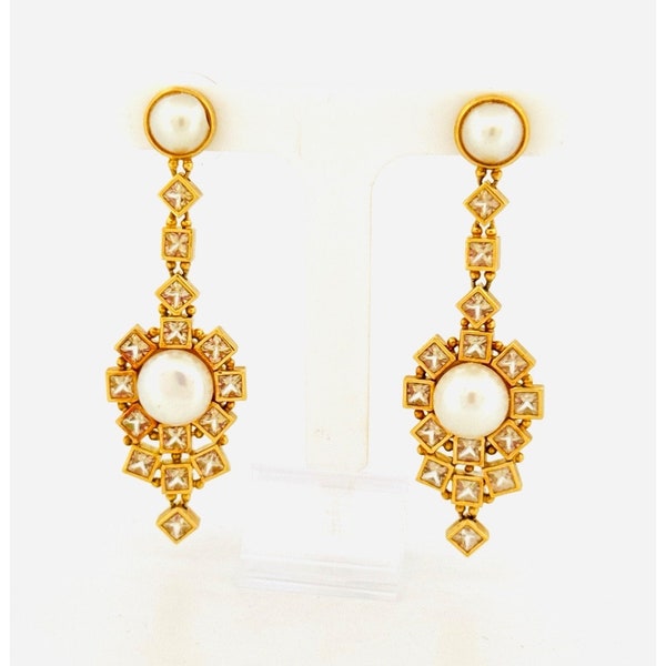 Exquisite Odara 18k Yellow Gold Dangle Drop Earrings with Pearls and Sapphires