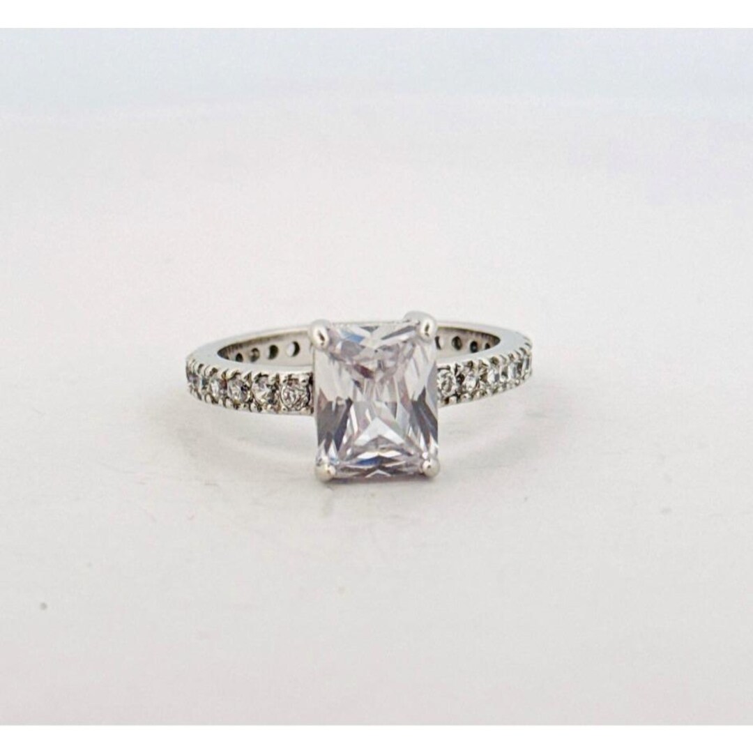 Princess Cut Sterling Silver 925 Engagement Ring With CZ & Pave Band ...