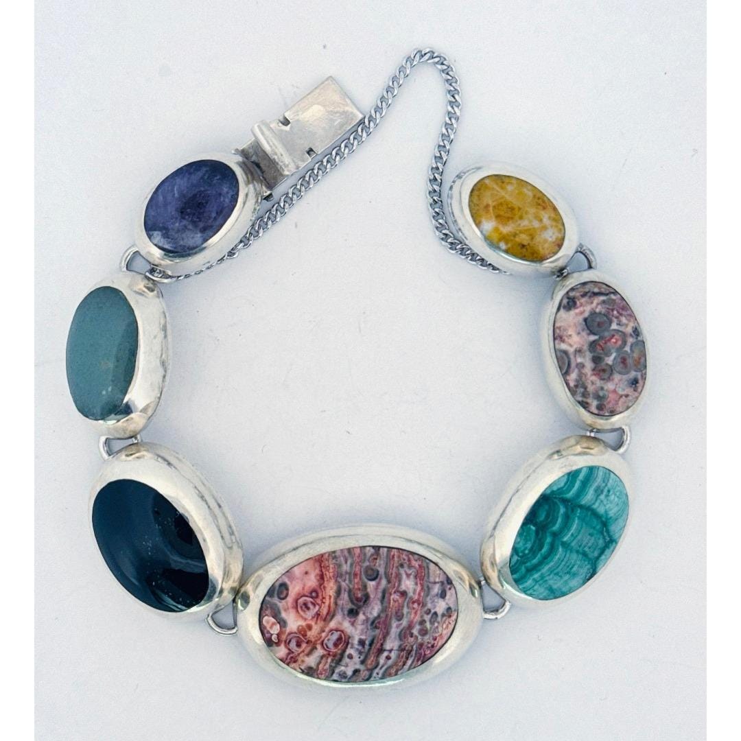 TAXCO GEMSTONE ブレスレット シルバー925 Vintage Taxco Mexico 925 Sterling Silver Multi-gemstone Chunky