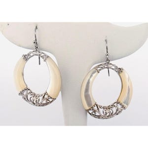Estate White Mother of Pearl Filigree Sterling Silver 925 Dangle Earrings 14.4g
