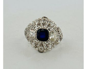 Estate Vintage Art Deco Platinum Blue Sapphire Diamond Accent Statement Ring 6