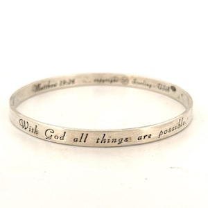 Vintage Estate Matthew 19:26 Engraved Sterling Silver Bangle Bracelet USA 8.5&quot;