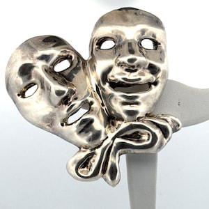 Spilla a forma di maschera teatrale commedia-tragedia in argento sterling 925, 57,7 g, grande