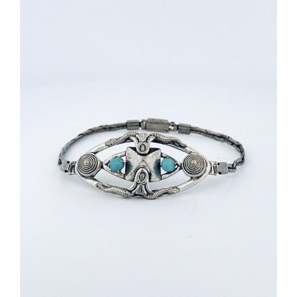Vintage Sterling Silver 925 bracelet w/ Turquoise, snake inlay, slide box clasp