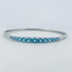 Sterling Silver 925 Blue Topaz Hinged Bangle Bracelet 7.5" Safety Clasp