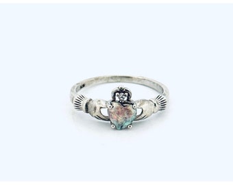 Vintage Estate Sterling Silver Claddagh Ring w/ Opal Heart Cubic Zirconia Crown
