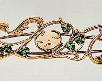 Antique, Estate 1800&#39;s, 14k Yellow Gold Wave Design, With Oval Opal &  Round Tsavorite Hair Pin, Length: 2.1&quot;in, Weight 7.09 grams