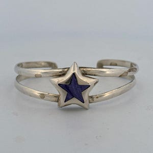 Star Inlaid Lapis Bangle Bracelet Open Back Design, Sterling Silver Mexico 925