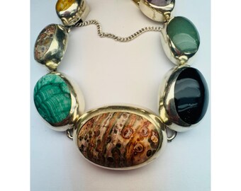 Vintage Taxco Mexico 925 Sterling Silver Multi-gemstone Chunky