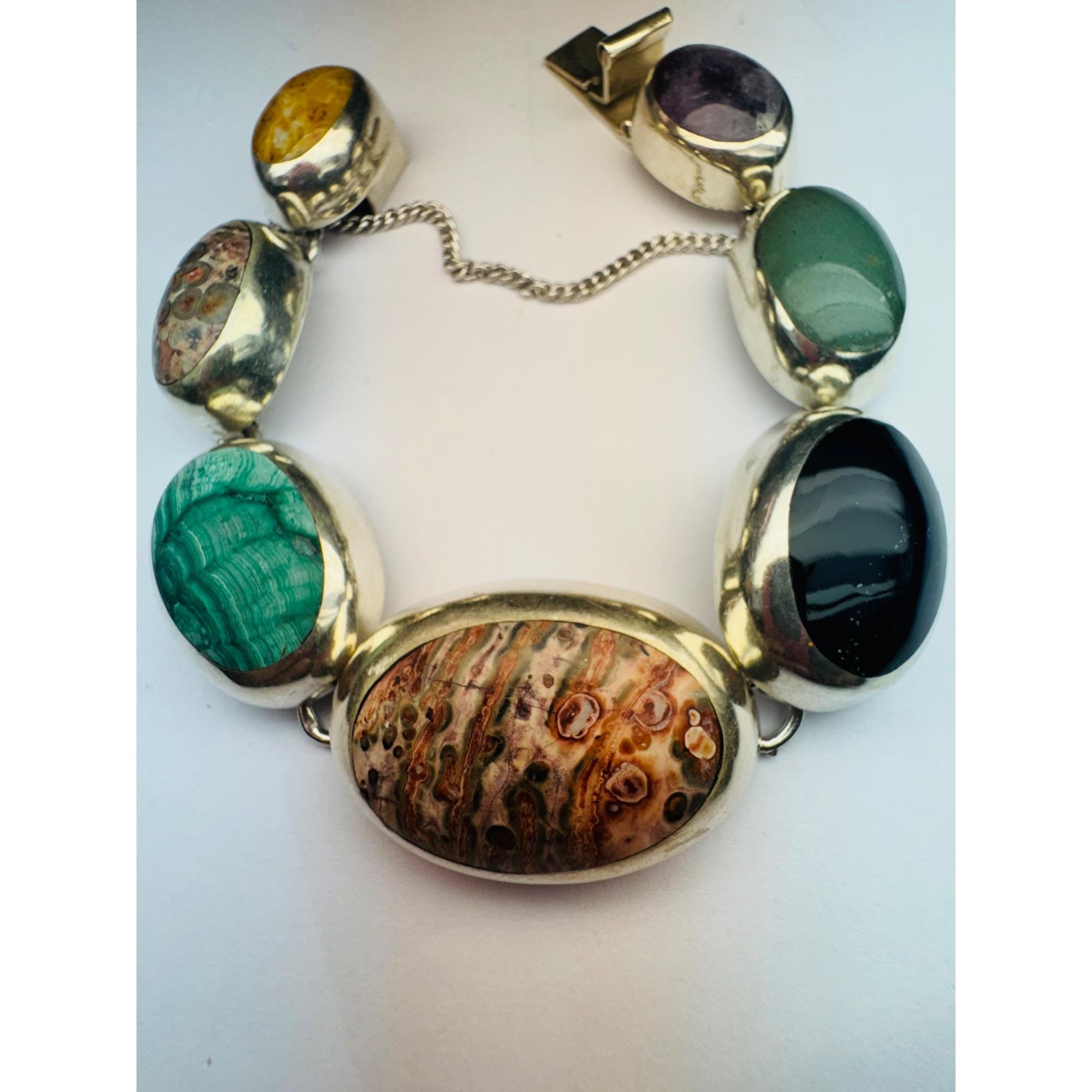 Vintage Taxco Mexico 925 Sterling Silver Multi-gemstone Chunky