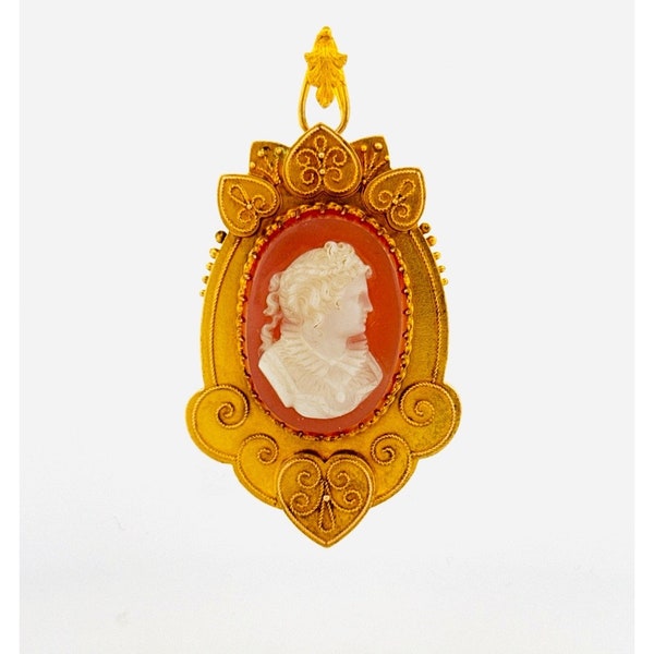 Antique Victorian Etruscan Revival 14K Gold Carved Carnelian Cameo Pendant Pin
