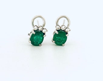 Vintage Estate 14k White Gold Oval Emerald and Diamond Stud Earrings Omega Backs