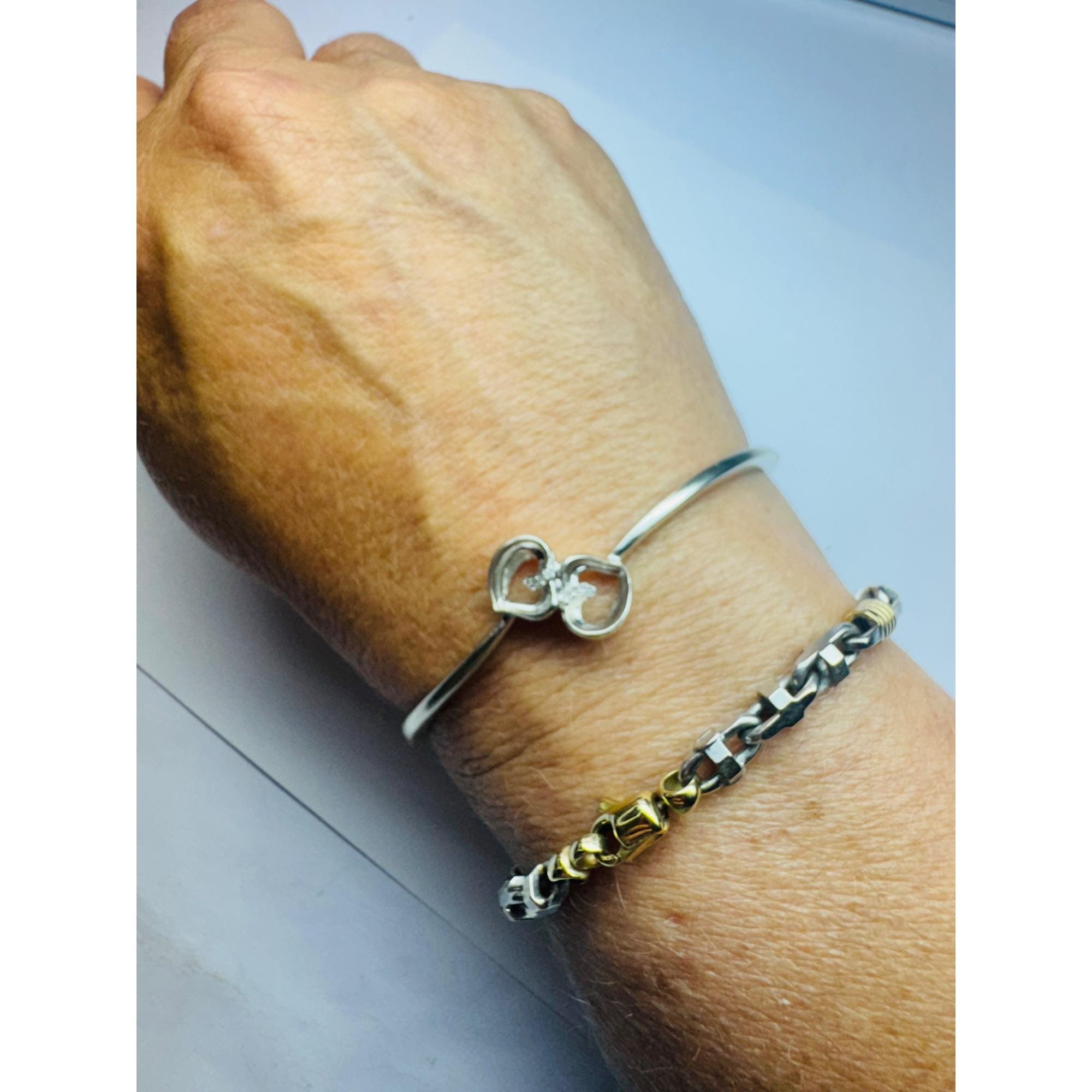 Estate Sterling Silver 925 Bangle Bracelet Two Hearts Diamond