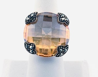 Vintage 925 Sterling Silver Marcasite Golden Quartz Statement Ring Size 6.5