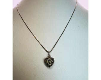 Vintage Italian Filigree Heart Pendant Necklace 925 Sterling Silver, 16&quot;, Italy