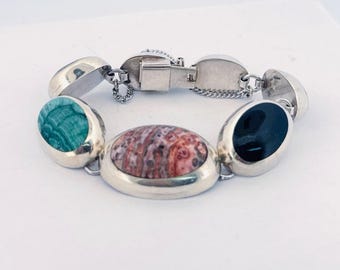 TAXCO GEMSTONE ブレスレット シルバー925 Vintage Taxco Mexico 925 Sterling Silver Multi-gemstone Chunky