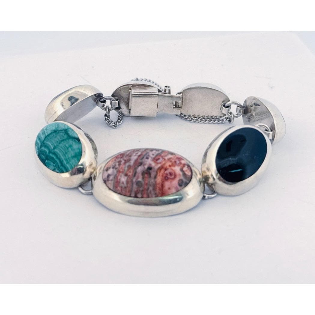 Vintage Taxco Mexico 925 Sterling Silver Multi-gemstone Chunky