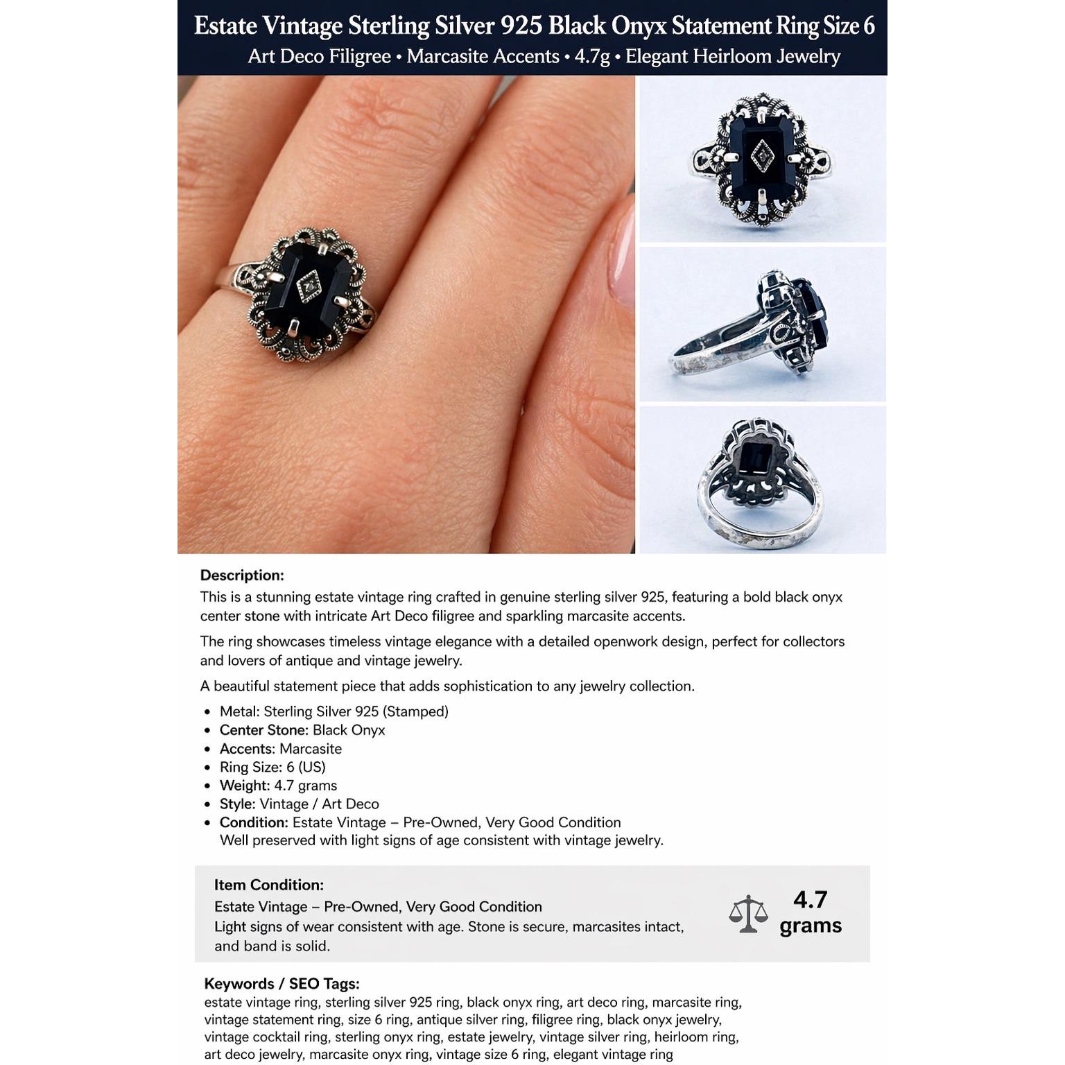 Estate Vintage Sterling Silver 925 Black Onyx Filigree Ring Sz 6 