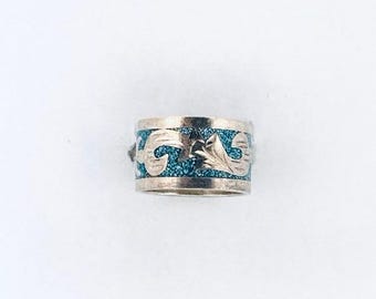 Vintage Estate Mexico Sterling Silver 925 Turquoise Wide Band Ring, Size 6.5, 6.46g