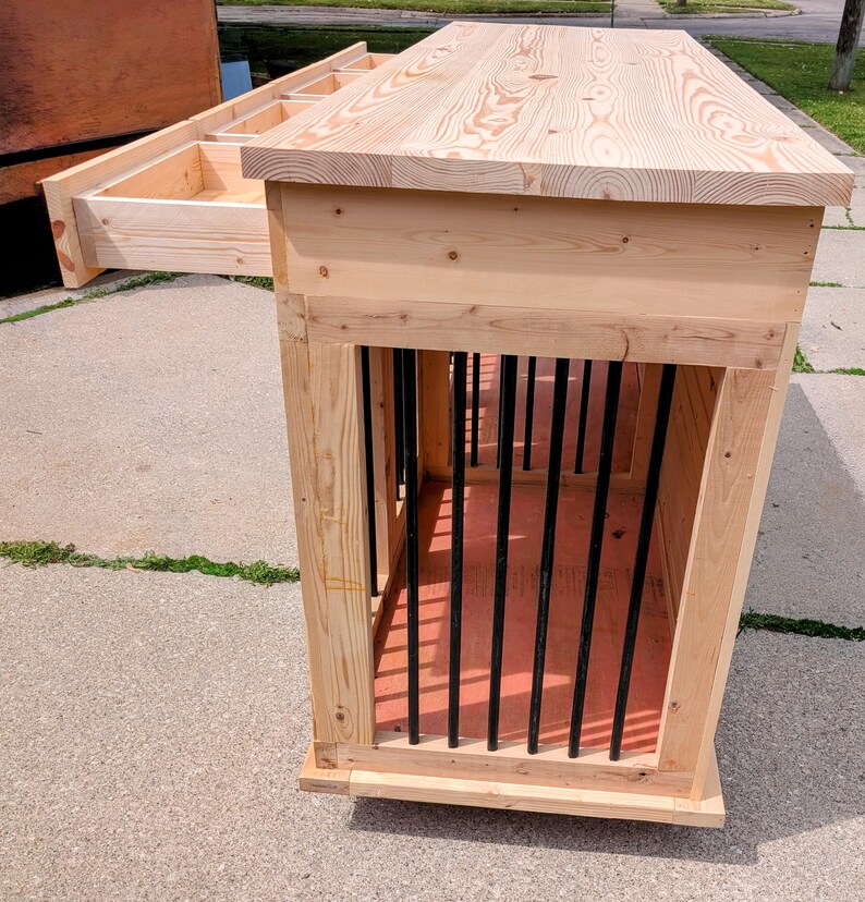 Image showcasing Handcrafted Dog Crate and Entertainment System With Storage Drawers - Etsy